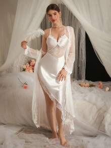 女士缎面蕾丝边睡袍和睡袍套装，背部交叉设计和扇形下摆 - 白色 - 查看 3