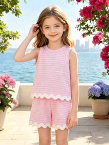SHEIN Elladie kids 2 Stück/Set Gestreiftes Waffelpullunder Top mit Rüschensaum + Shorts mit Gummibund für Kleine Mädchen, lässiger, süßer, einfacher Outfit, geeignet für Ausflüge, Spaziergänge und verschiedene Sommergelegenheiten - Pink - Übersicht 6
