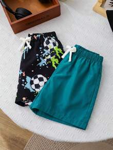 SHEIN 2件套男童休闲舒适时尚简约实用可爱柔软透气短裤，适合度假、日常、上学、旅行、运动、春夏季男童泳装 - 彩色 - 查看 5