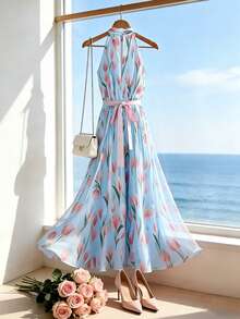 SHEIN Franclia Đầm nữ in kỹ thuật số mới, cổ yếm, ôm eo, thích hợp cho kỳ nghỉ biển và du lịch. - Màu xanh lam - Xem 2