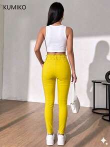 Pantalón con Cintas al Frente para Moño en Cintura.  Pantalón de Vestir Efecto Levanta Pompa. - Amarillo - Ver 7