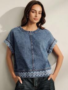 Anewsta Women's Elegant Embroidered Towel Casual Summer Vacation Denim Top - Blue - View 4