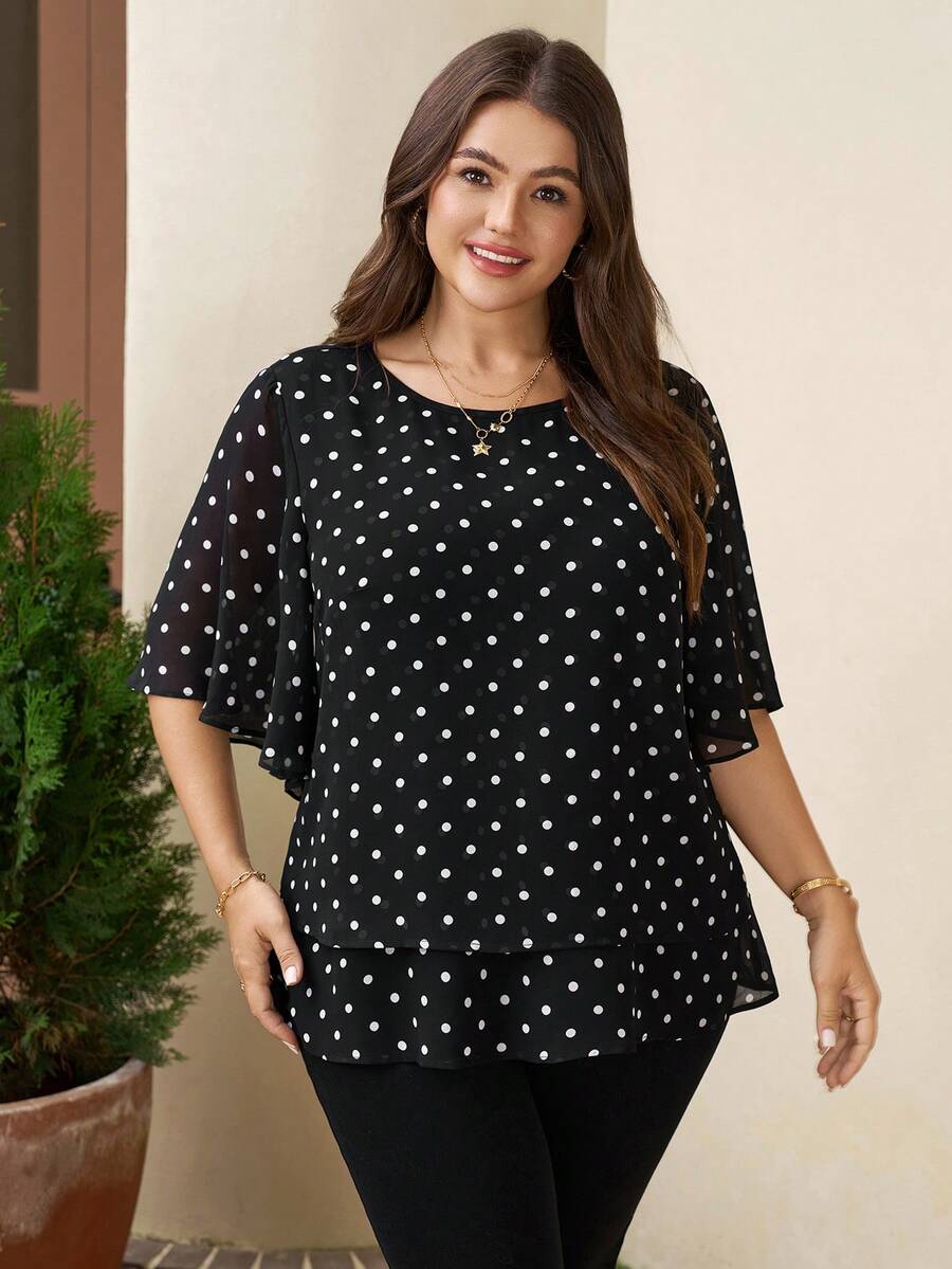 Comfylo Plus Size Summer Casual Flowy Chiffon Polka Dot Print Ruffle Sleeve Blouse - Black and White - View 1