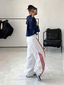 StreetHx Denim Casuais Soltos de Perna Larga com Listras e Bolsos para Mulheres - Branco - Visão 5