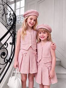 SHEIN Elladie kids 小女孩甜美粉色无袖珍珠纽扣背心+蝴蝶结百褶裙两件套，优雅休闲夏季套装 - 粉色 - 查看 4