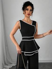 Modelyn Bộ jumpsuit không tay với đường viền tương phản và gấu áo bất đối xứng dành cho nữ. - màu đen - Xem 6