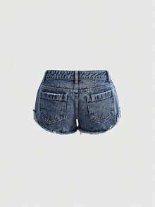 ROMWE Street Life Shorts vaqueros de mujer, estilo Y2K, azul retro, ajuste sexy y delgado, shorts vaqueros desgastados con bordado de estrella de cinco puntas y dobladillo crudo - Azul - Ver 3
