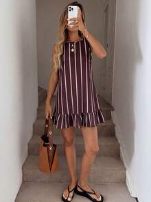 Easowa Sleeveless A-Line Dress With Ruffle Hem, Striped Casual Loose Elegant Commuter Vintage Style Mini For Women, Spring/Summer,Summer Dresses - Multicolor - View 3