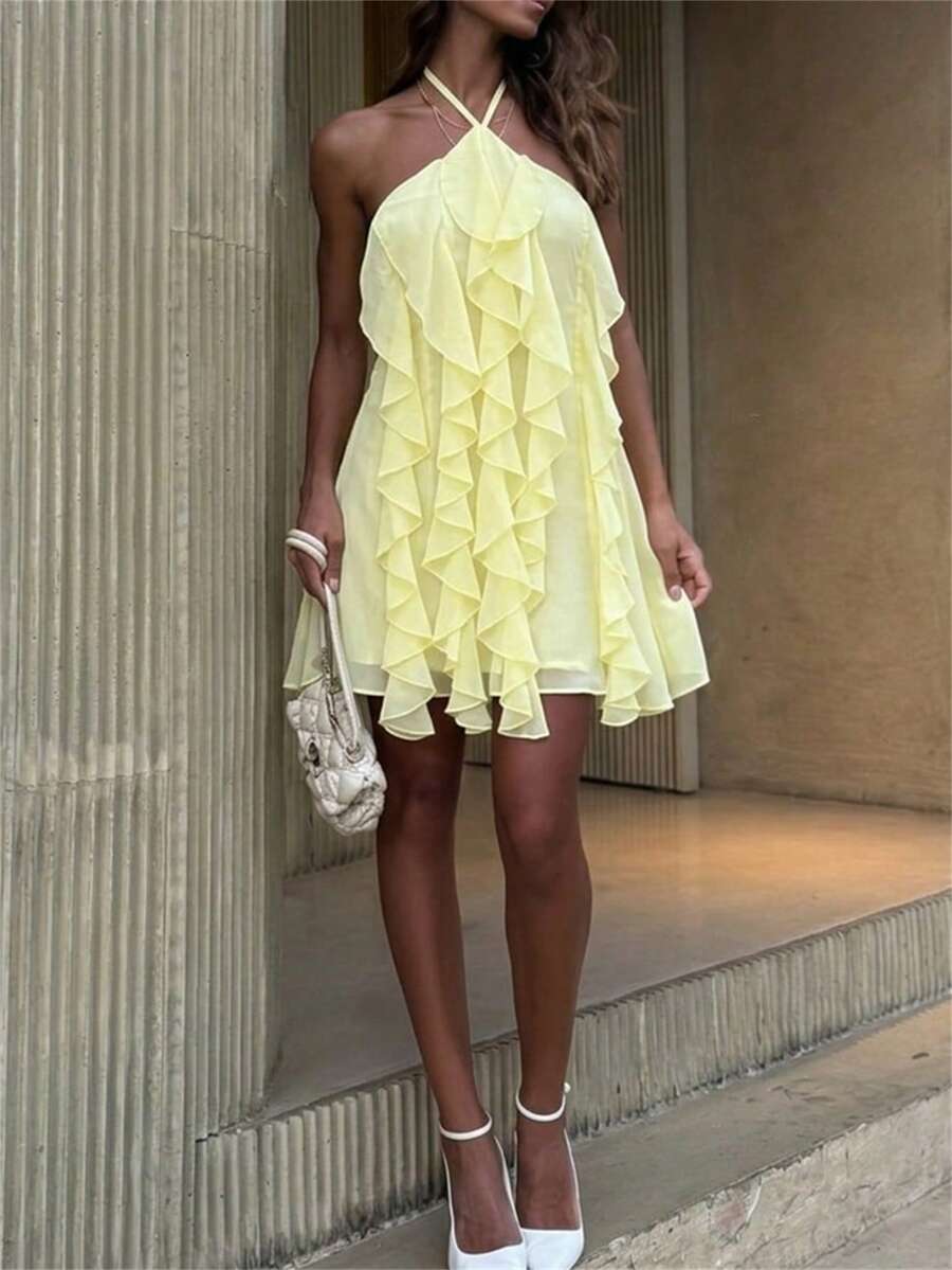 Aloruh Đầm mini đi biển bằng chiffon thanh lịch dành cho nữ, kiểu dáng buộc dây cổ yếm, nhiều lớp xếp nếp, hở lưng. - Vàng nhạt - Xem 1