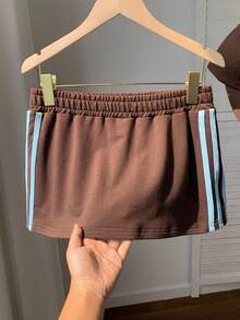 Comfortcana Damen Große Größen Lässig Vintage Amerikanischer Sportlicher Stil Seitenstreifen Braun Strickrock, Elastischer Bund Rock - Braun - Übersicht 13