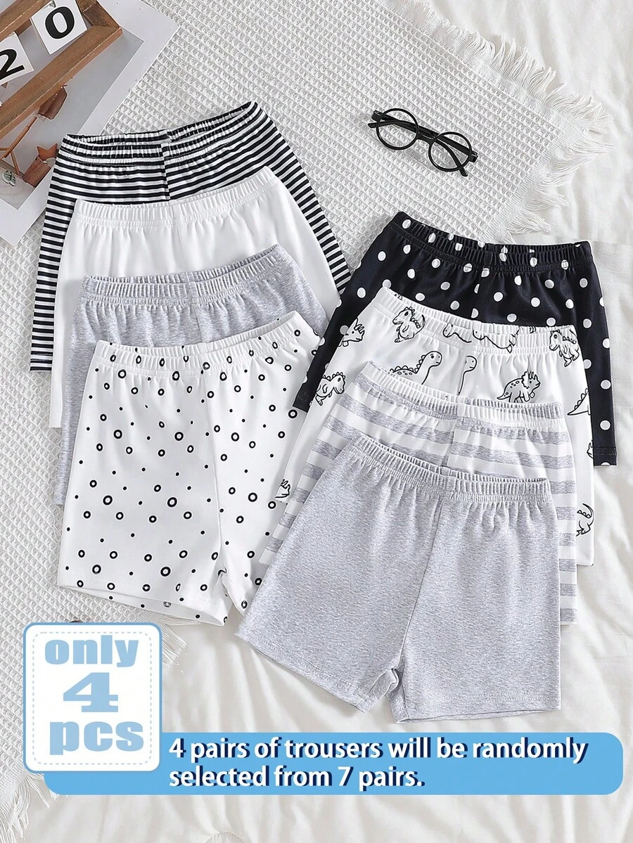 SHEIN Vintaside Kids [4pcs Dikirim Acak] Set Celana Pendek Kasual Lembut dan Nyaman untuk Balita Laki-laki, Modis Musim Semi/Panas, Motif Garis-garis Minimalis, Polkadot, dan Dinosaurus, Warna Polos - MultiWarna - View 1
