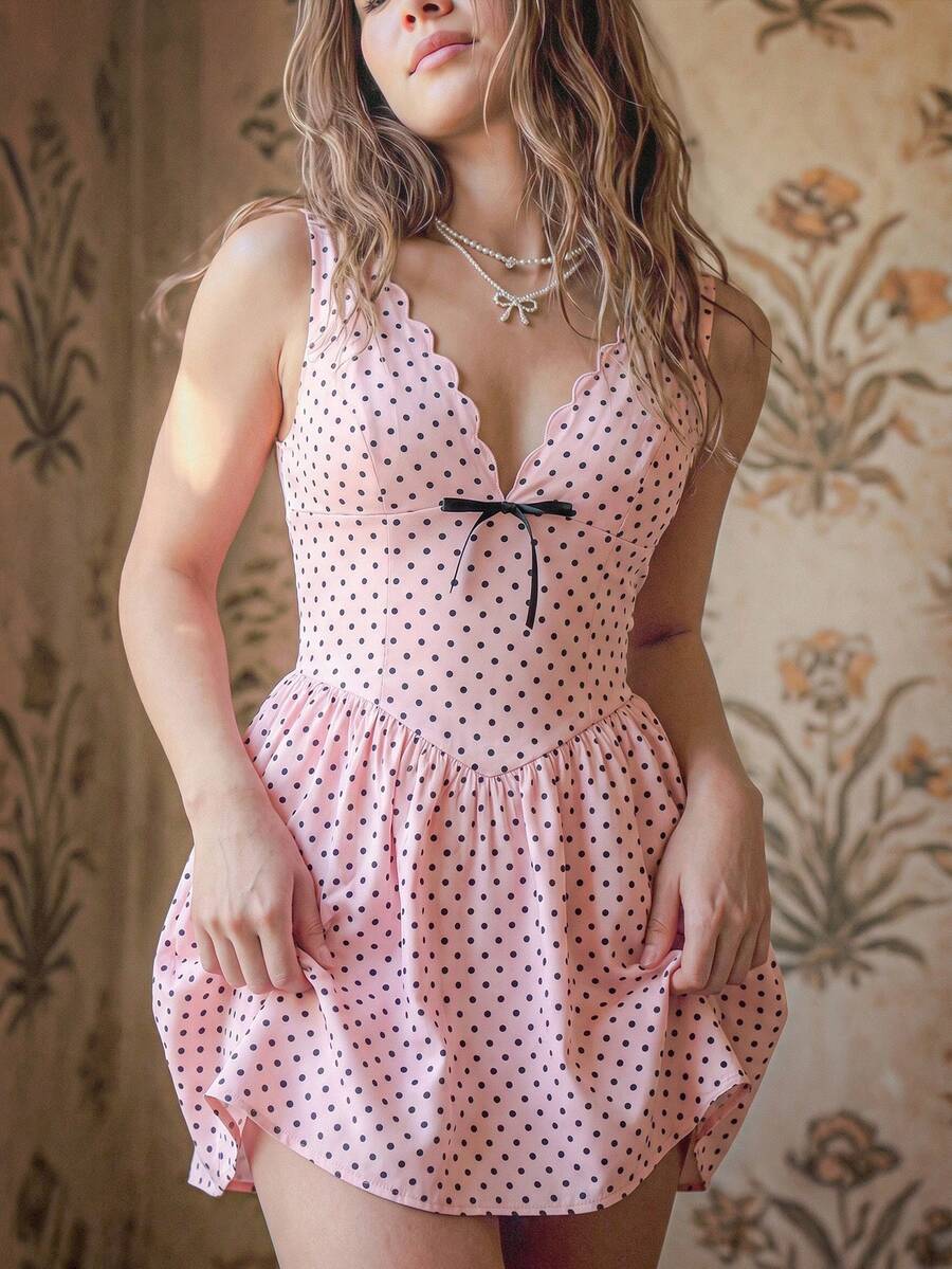 Sweetina 性感深V领粉色波点露背交叉绑带迷你蓬蓬裙