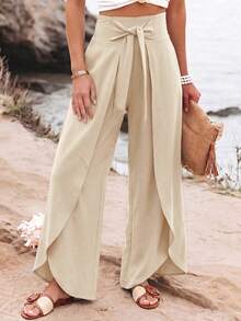 SHEIN Holidaya Women's Elegant Casual Solid Color Summer Vacation Home Daily Wear Fashion Design Split Wide Leg Pants - Apricot - View 1