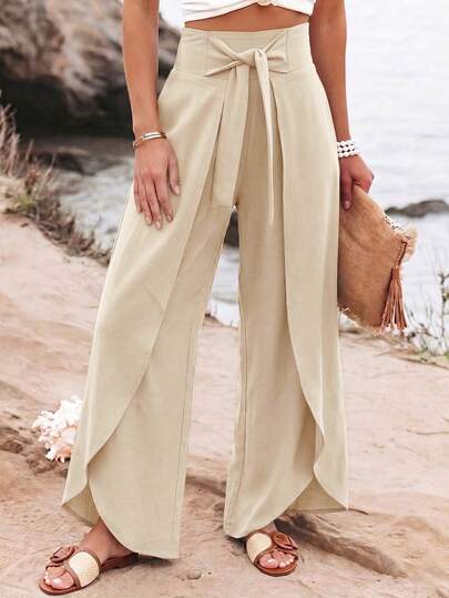 Breezaya Calça Pantalona Elegante e Casual de Cor Sólida para Verão, Férias, Uso Diário em Casa, Design de Moda com Perna Larga Dividida