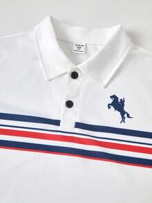 SHEIN Vacaura Tween Boy Knight Striped Print Short Sleeve Polo Shirt, Suitable For Casual & Commute Wear - White - View 4