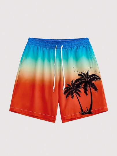Open Phase Men's Beach Shorts, Hawaiian Resort Casual Artistic Gradient Coconut Tree 3D Digital Print, Lightweight Single Layer Drawstring Quick-Dry Beach Shorts