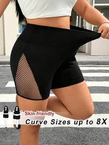 SHEIN CURVE+ 大尺碼女款彈性腰蕾絲拼接短褲 夏季健身運動短褲 黑色牛仔風 - 黑色 - 查看 1