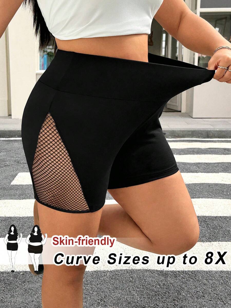 SHEIN CURVE+ 大尺碼女款彈性腰蕾絲拼接短褲 夏季健身運動短褲 黑色牛仔風 - 黑色 - 查看 1