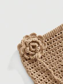 ROMWE Avant 性感休閒熱帶波希米亞風棕色3D花卉低腰迷你針織裙，適合海灘度假夏季 - 金色 - 查看 3
