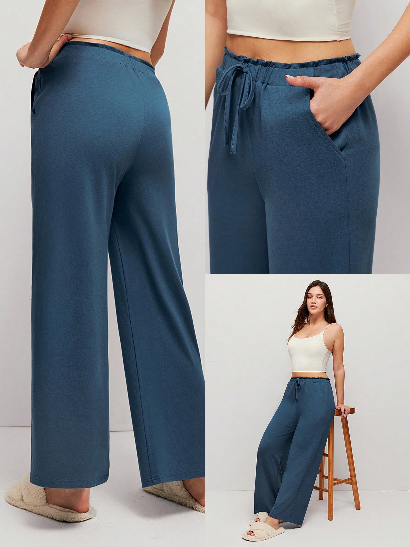 Calça de Pijama Estilo Lounge Larga e Macia de Algodão para Mulheres, Calça de Pijama com Bolsos