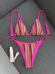 Swim Mod Women's 2-Piece Bikini Set, Tropical Cute Striped Print Textured Fabric Top With Adjustable Shoulder Straps And Cute Sexy Triangle Bottoms, Hot-Selling Beach Vacation Casual Elegant Valentine's Day Party Bikini Set - Multicolor - View 5