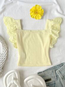 SHEIN 少女休闲日常舒适方领荷叶边吊带背心 - 黃色 - 查看 2