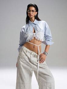 LYSMO 2026 New Arrive Minimalism Spring/Summer Women's Striped Lace Casual Versatile Long Sleeve Shirt For Daily Wear Shirts For Woman Crop Blouse For Women Casual Modern - Blue and White - View 6