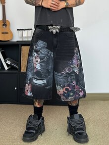 STEELVANCE Quần short denim dáng suông rộng rãi, thời trang cổ điển, đa năng, in hình ria mèo, thích hợp cho mùa hè. - màu đen - Xem 7