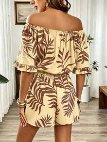 Breezaya Hawaiian Style Tropical Ruffled Off-Shoulder Romper Vacation Beige Summer - Apricot - View 2