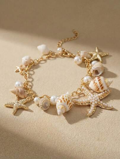 Arave 1pc Bohemian Style Alloy & Pearl Decor Starfish Bracelet For Women, Summer Beach