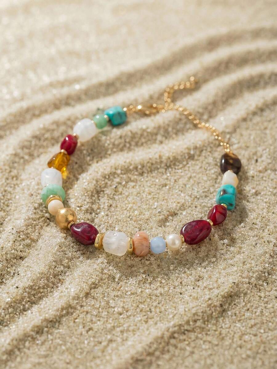 Arave 1pc Vintage Bohemian Style Asymmetrical Resin Beaded Necklace, Personalized Fashion Adjustable Charm Necklace, Suitable For Women's Daily Wear, Vacation Decoration, Daily Outfit Matching (The Texture Color Of The Beads Is Not Fixed, Subject To The Actual Item) - Multicolor - View 1