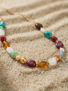 Arave 1pc Vintage Bohemian Style Asymmetrical Resin Beaded Necklace, Personalized Fashion Adjustable Charm Necklace, Suitable For Women's Daily Wear, Vacation Decoration, Daily Outfit Matching (The Texture Color Of The Beads Is Not Fixed, Subject To The Actual Item) - Multicolor - View 2