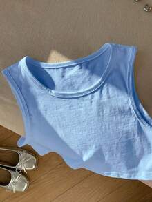 Comfortcana Women's Solid Blue Cropped Tank Top, Summer - Blue - View 5