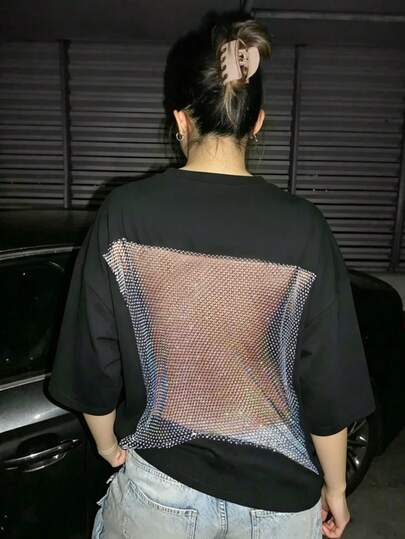 Zyxie Tricou damă la modă cu mânecă scurtă, cu guler rotund, negru, model plasă, model patchwork