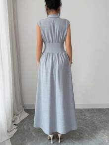 Selianne Vestido largo de mujer con cuello, cintura ceñida, unicolor, tela texturizada, corte A, adecuado para ir al trabajo, salidas, mujeres de talla pequeña, primavera/verano - Gris azul - Ver 2