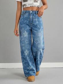 SHEIN 女童宽松星形印花蓝色牛仔裤 - 藍色 - 查看 6