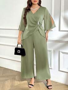 Reflora Plus Size Women's Elegant Party Banquet V-Neck Ruched Waist Rhinestone Top And Wide Leg Pants 2-Piece Set, Suitable For Spring, Summer And Autumn Fall - Mint Green - View 3