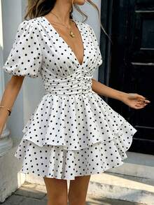 Pariaura Damen Polka Punkt Muster Tiefer V-Ausschnitt Gerafftes Lässig Kurzarm Mini Kleid - Weiss - Übersicht 3