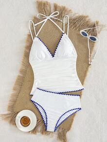 Swim Vcay New Women's Textured Fabric Tankini Swimwear With Black Decorative Lines And Ruched Waist Design, Vacation Spaghetti Strap Bikini - White - View 3