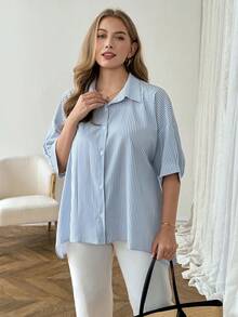SHEIN LUNE 大码女式条纹短袖单排扣休闲衬衫 - 藍色 - 查看 5