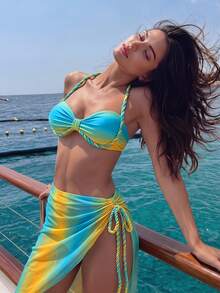 女士扎染印花编织肩带三件套泳衣，优雅女士沙滩派对度假风 - 彩色 - 查看 2