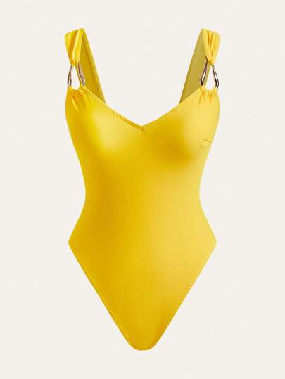 Anewsta Traje de baño de una pieza con decoración metálica de unicolor para mujer, adecuado para vacaciones en la playa, fiestas en la piscina y fiestas en la playa