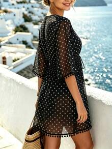 Breezaya 2026 New Elegant Women's Chiffon Cover Up, Flowy Vacation Style, Black, Suitable For Outings, Lace Patchwork, Tassel Trim - Black - View 3