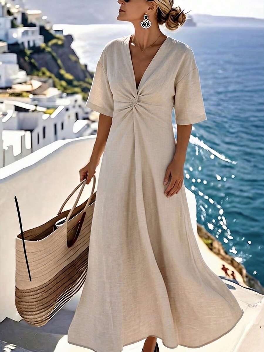 Breezaya Women's Elegant Beige Summer V-Neck Short-Sleeved Pleated Linen Cotton Dress,Tropical Holiday Vacation Maxi Skirt,Greece Coastal Outfits,Long Dress - Apricot - View 1