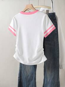 少女休闲复古美式校园经典Logo印花短袖圆领修身T恤，适合夏季、美式学院风度假穿着，白色T恤日常百搭，粉色条纹时尚舒适百搭T恤，四季皆宜。 - 彩色 - 查看 2