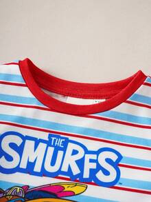 SHEIN X The Smurfs 男婴条纹拼接字母卡通印花短袖T恤和短裤休闲日常套装 - 紅色 - 查看 4