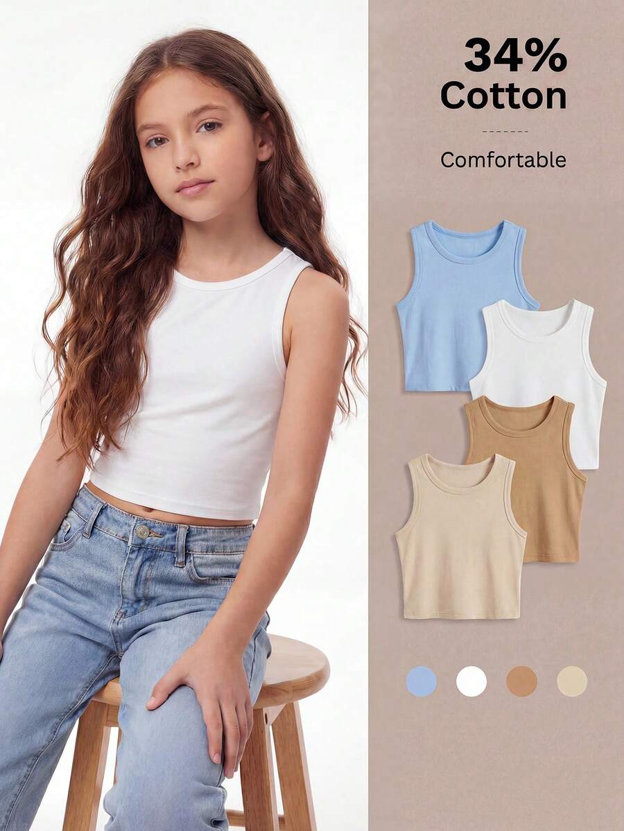 SHEIN Tween Girls' Solid Color Crew Neck Sleeveless Cropped Tank Top, Versatile For Summer,Squishy,Cotton,Morandi Color