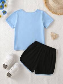 SHEIN Young Girl Heart Print Short Sleeve T-Shirt And Dolphin Shorts Set, Casual Sports Everyday Commute - Multicolor - View 2