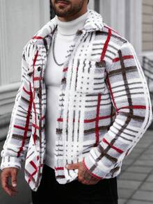 Manfinity CasualCool Men's Contrast Color Plaid Warm Long Sleeve Fleece Coat - Red - View 1