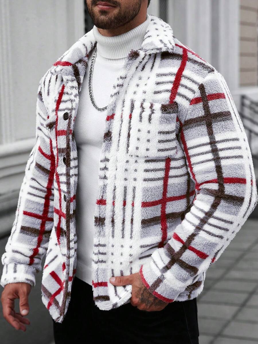Manfinity CasualCool Men's Contrast Color Plaid Warm Long Sleeve Fleece Coat - Red - View 1